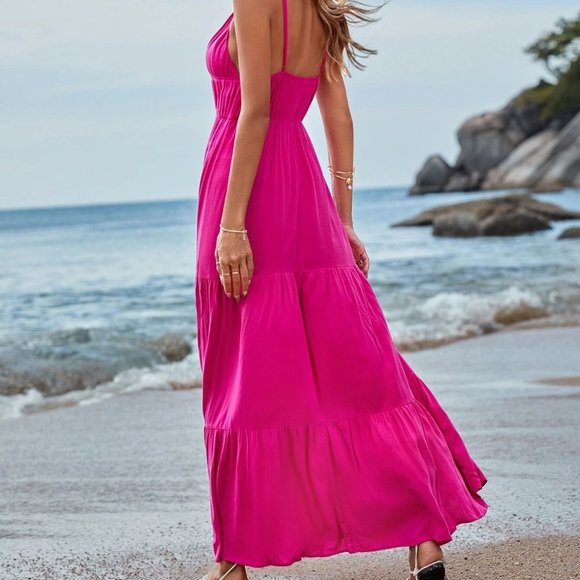 Pink Boho Womens Ruffle Hem Maxi Cami Dress - Picture 2 of 5